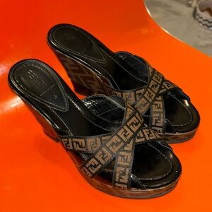 Fendi 1990’s Zucca FF Logo Wedged Mules